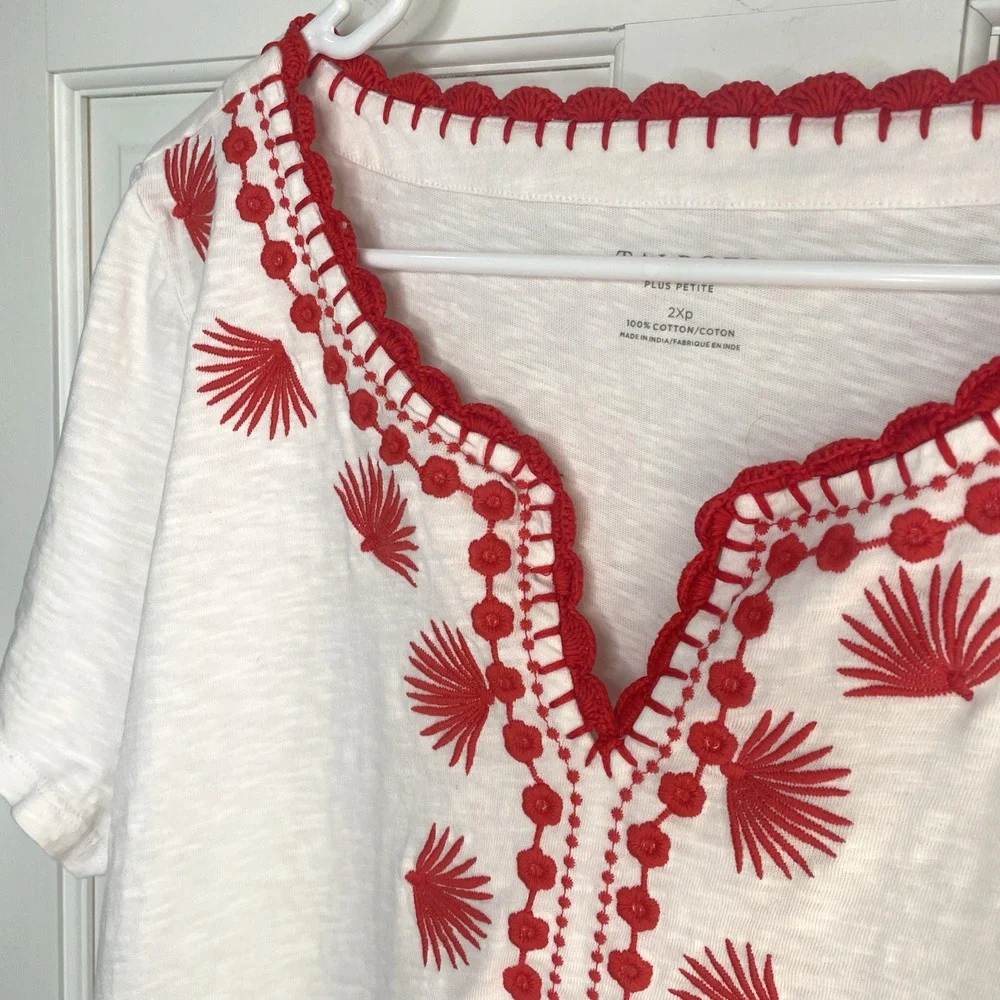 Talbots Women's Aztec Embroidered Short Sleeve Top Sz Petite 2XL 100% Cotton